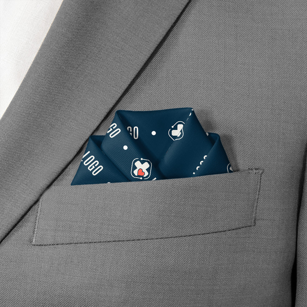 close up of custom-designed logo pocket square in a suit pocket