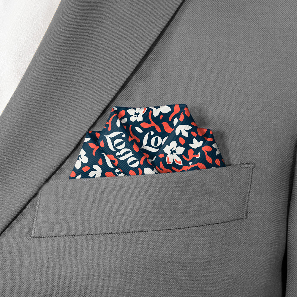 floral pocket square with logo in suit pocket