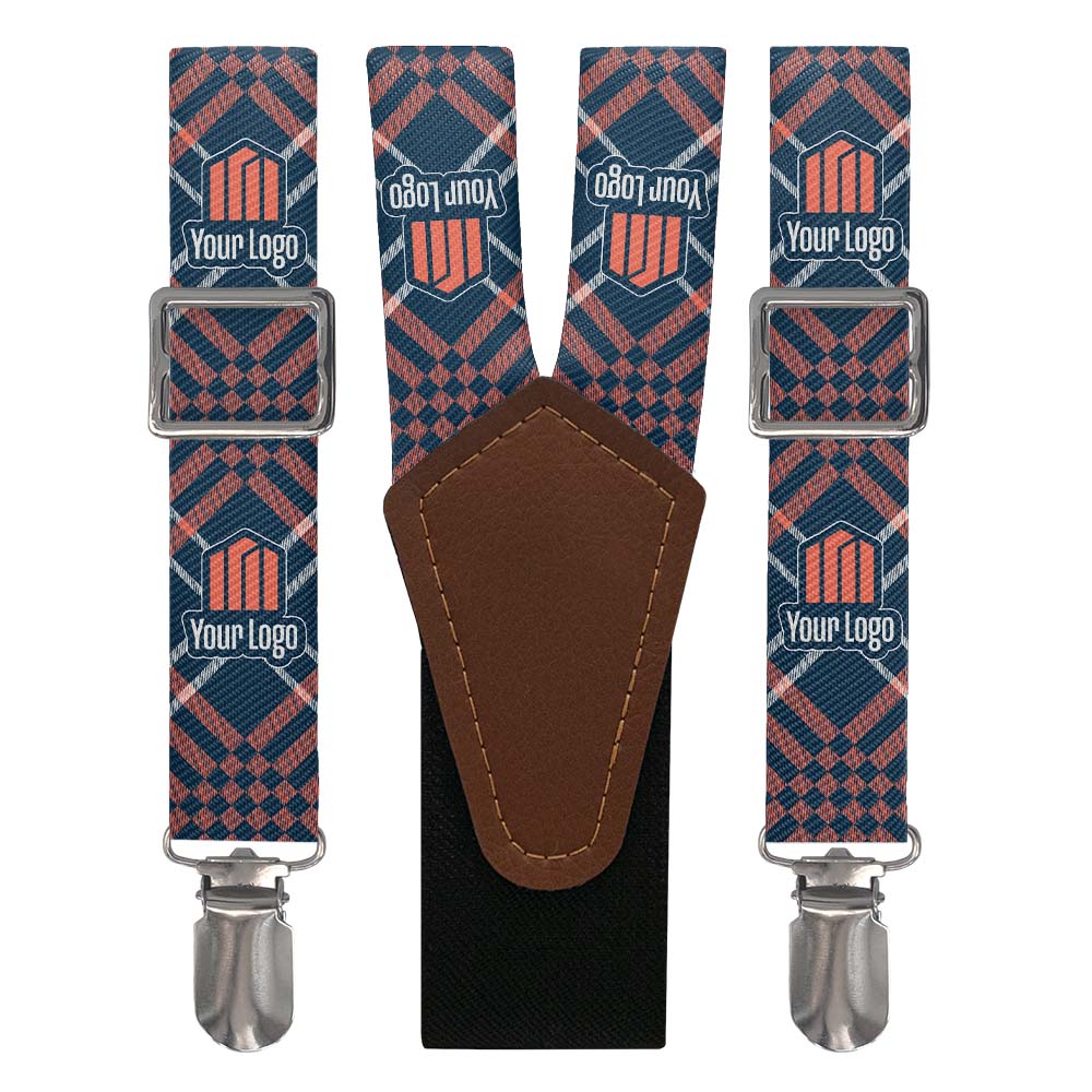 A pair of custom logo suspenders with a plaid pattern and a logo repeated within the diamond shapes.
