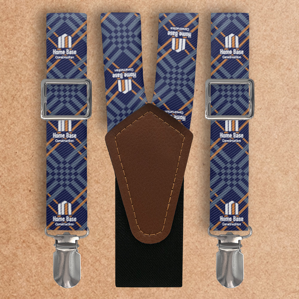 custom logo suspenders on a brown table