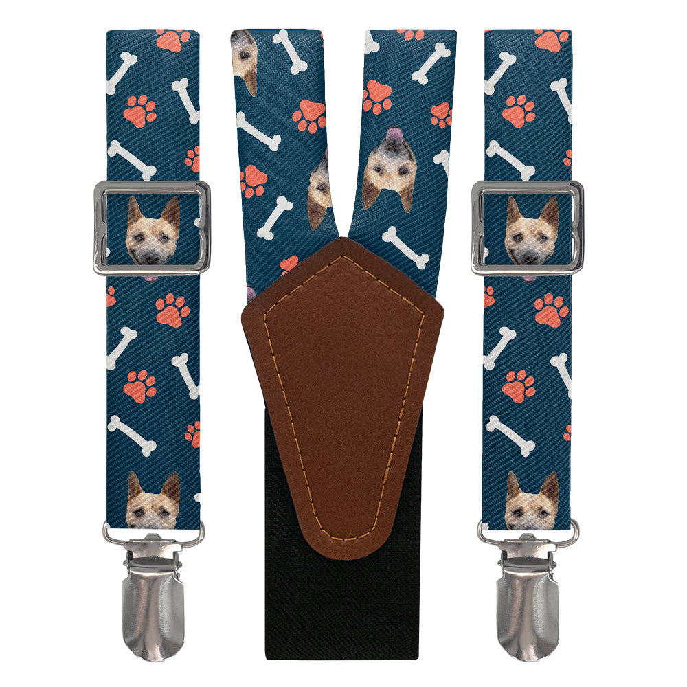 Suspenders with dog pattern and brown faux leather y-back on a white background