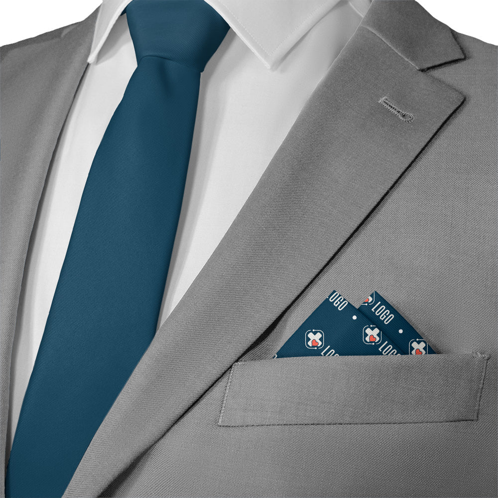 personalized logo pocket square in the pocket of a gray jacket