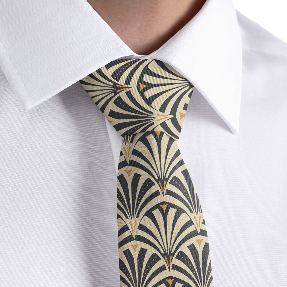close up of an art deco pattern tie on a white dress shirt 