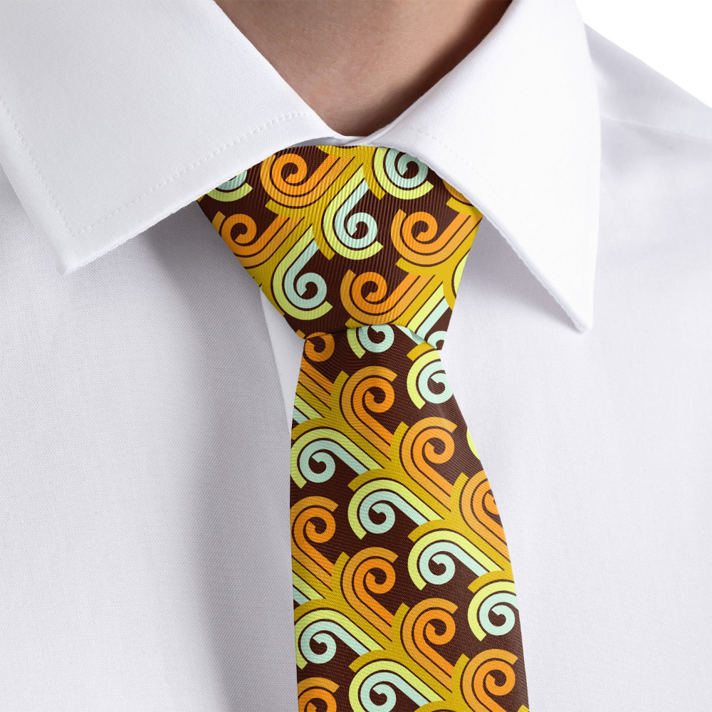 retro and funky tie worn by a person in a white dress shirt