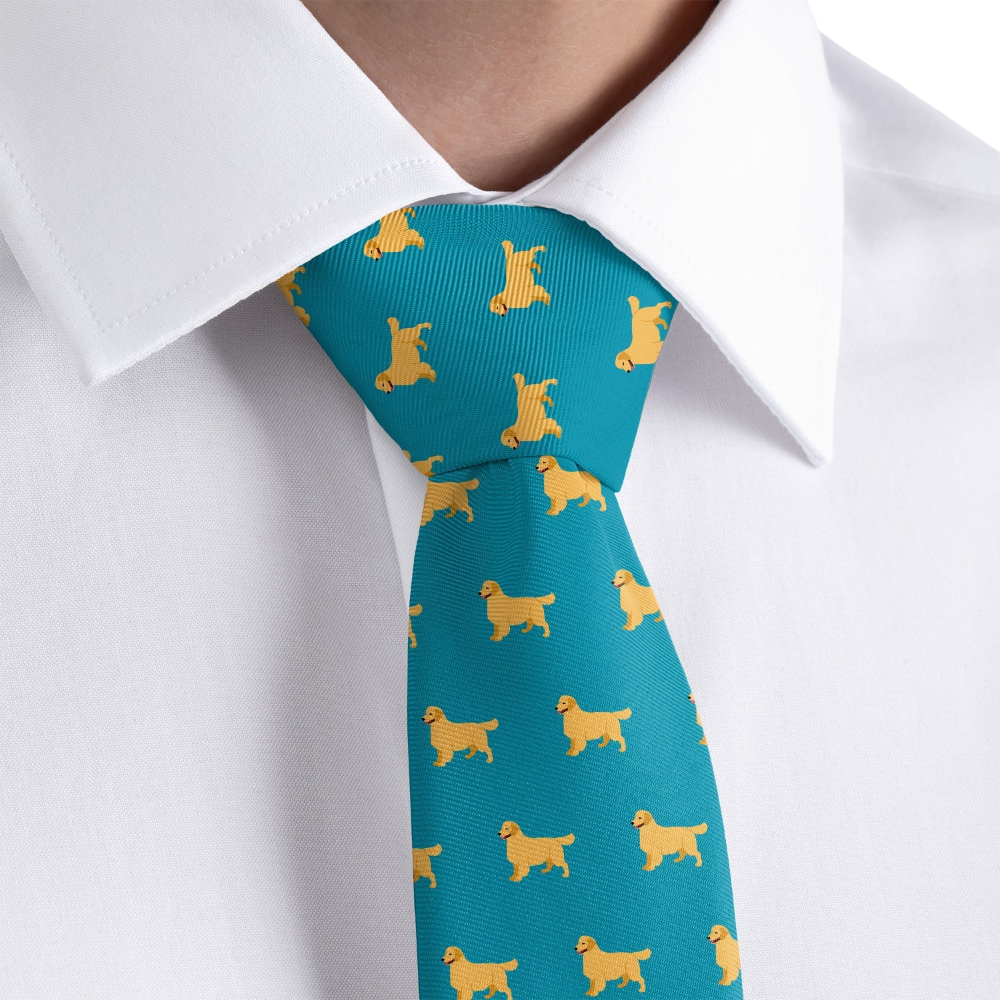 close up of a dog themed tie and a white dress shirt